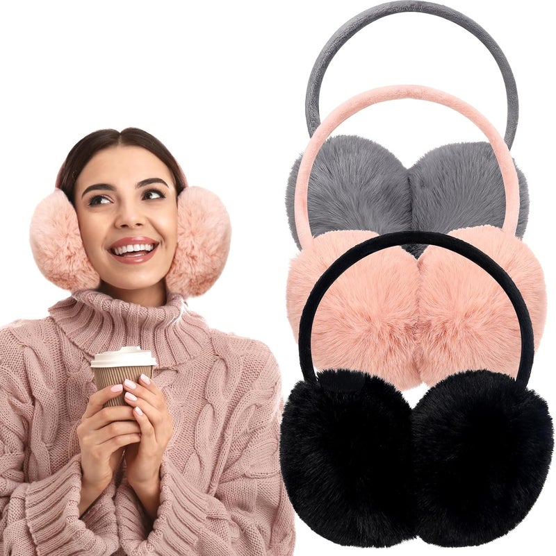 TINYAT 3 PCS Adjustable Winter Ear Muffs Faux Fur Warmers Cute Fuzzy Earmuffs Soft Warm Ear Covering for Women Girls - Image 1
